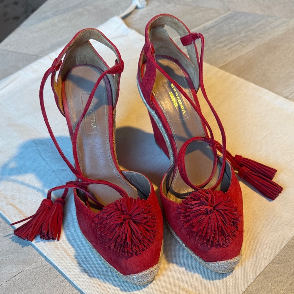AQUAZZURA Sunshine Pompom Red Suede Wedge Sandal Espadrille US 7/7.5 / EU 37.5 - Picture 3 of 10